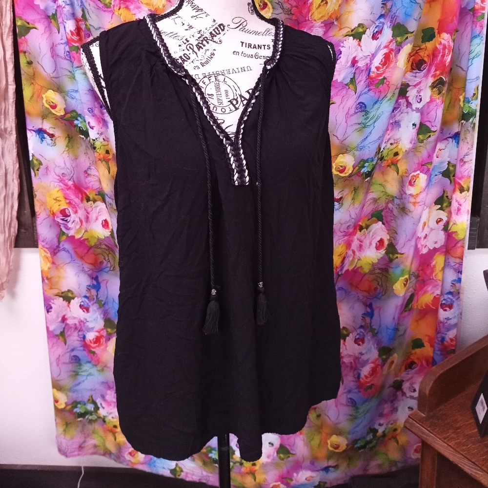 Christopher & Banks Black Blouse with Tassel Detail